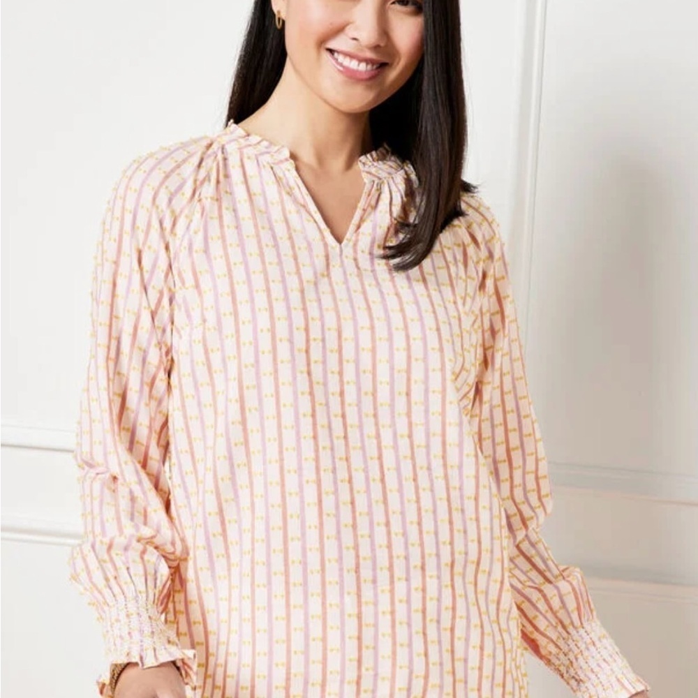 Talbots Sz M Pink Striped Jacquard Blouse Smocked Cuff Textured Swiss Dot Ruffle - Picture 3 of 9